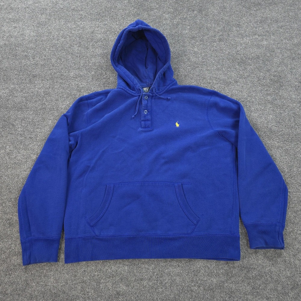 Vintage‎ Polo Ralph Lauren Hoodie Mens XL Blue Henley Fleece Pullover Pony Logo